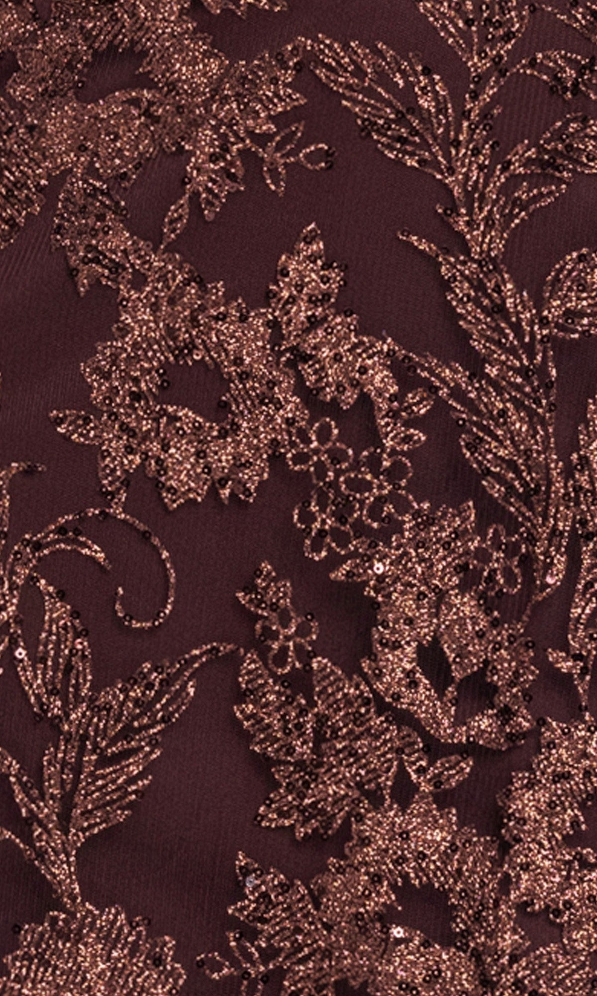 Close-up of dark fabric with intricate, metallic floral embroidery in shimmering copper—ideal for the Brown Lace Mini Hoco Dress: Blondie Nights 6237BN.